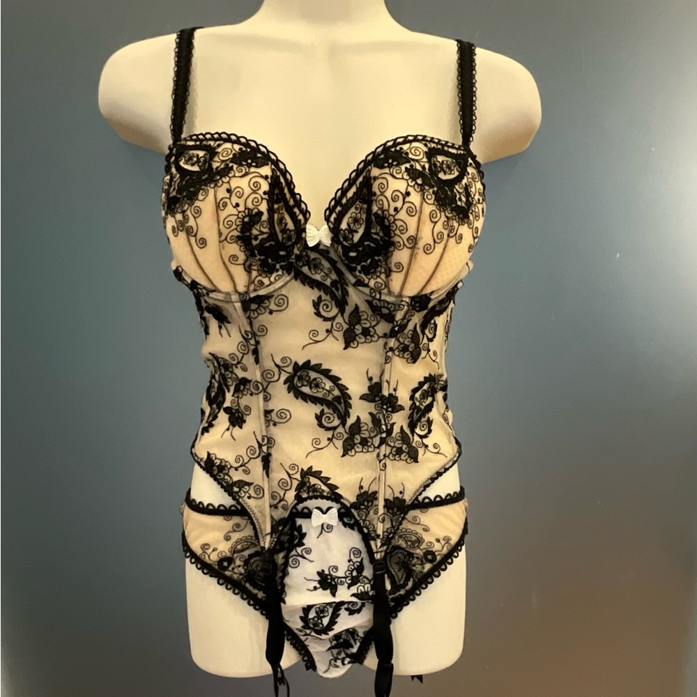 Sexy Beige & Black Lace Covered Bustier with Attached Garters and Matching Thong